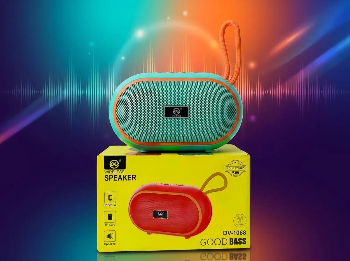 DV-1068 পোর্টেবল আল্ট্রা-বেস ওয়্যারলেস স্পিকার – লাউড স্টেরিও ৫ ওয়াট সাউন্ড এবং স্টাইলিশ ল্যানইয়ার্ড ডিজাইন