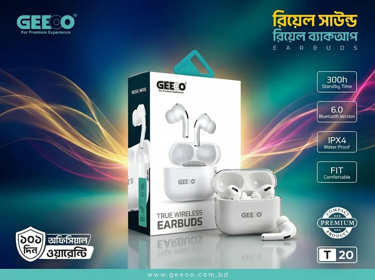 GEECO T20 True Wireless Earbuds – Bluetooth 6.0 Headphones with IPX4 Waterproof & Long Standby