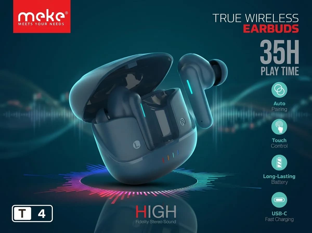 Meke T4 True Wireless Earbuds – Bluetooth TWS Headphones with 35H Playtime & Fast Charging 2